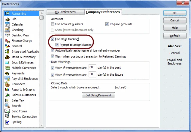 Turn on Class Tracking in QB