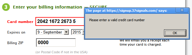 an invalid card number was entered