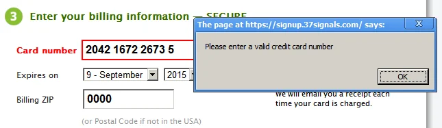 an invalid card number was entered